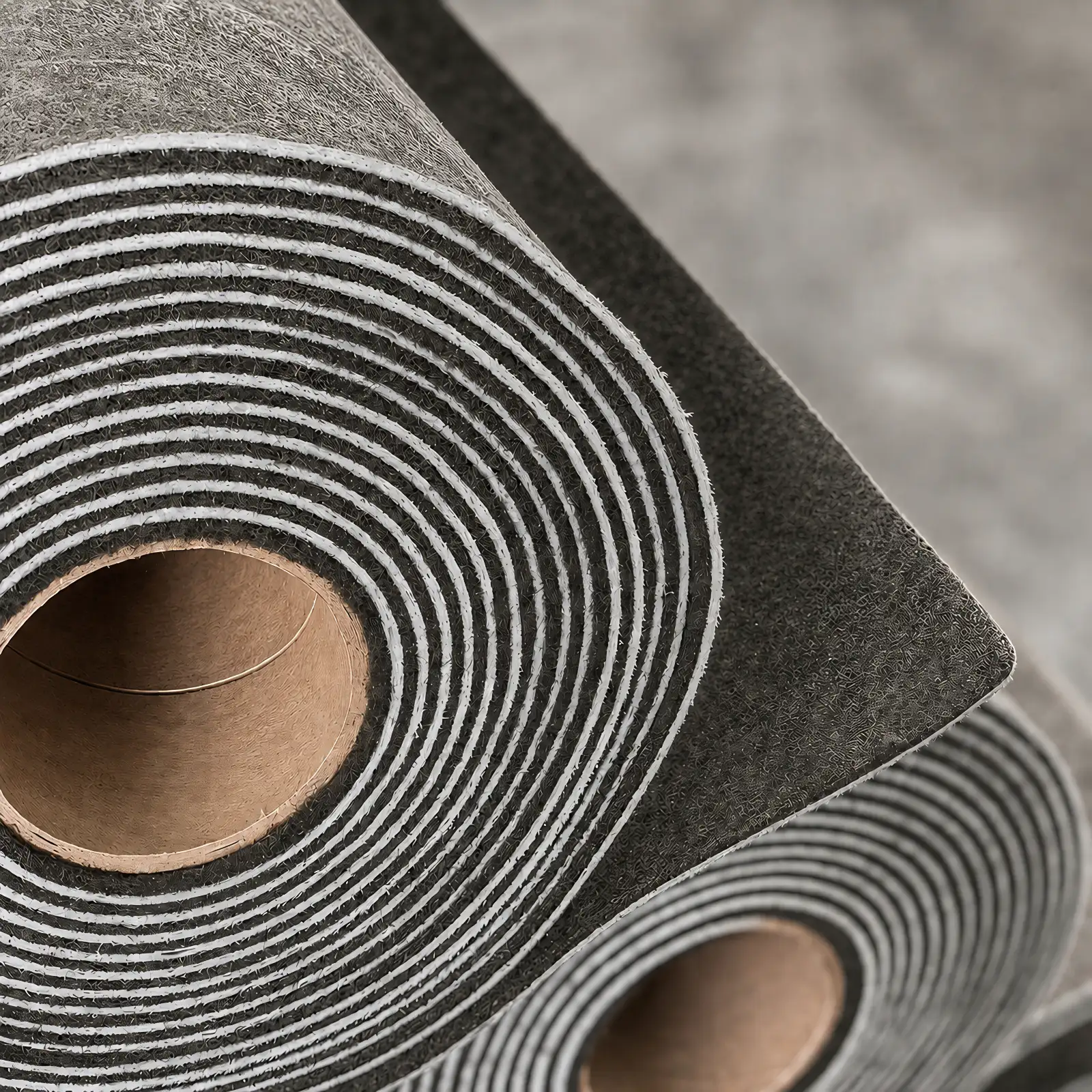 Close-up of Floor Noise Blokker acoustic floor underlayment roll with layered backing.