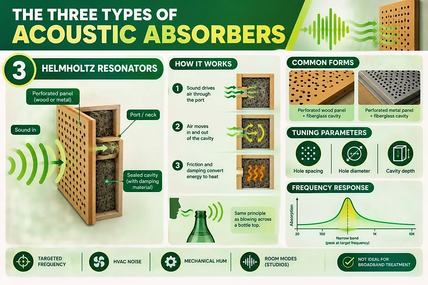 Helmholtz resonators help reduce mechanical hum, HVAC noise, and room modes