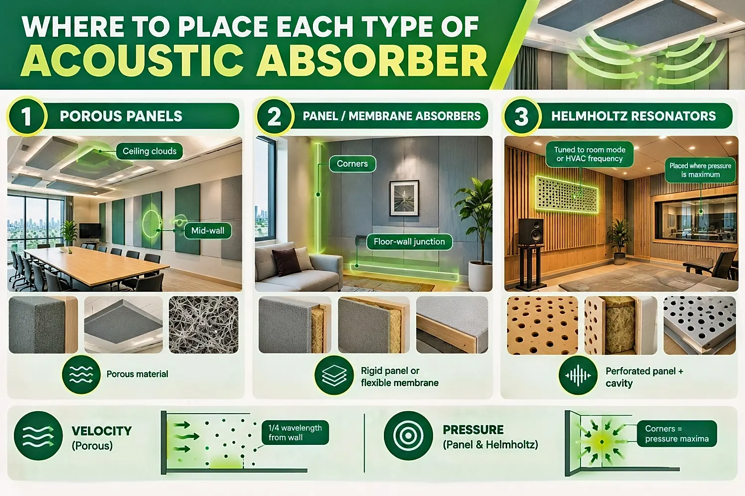 Match absorber type and placement to the room’s acoustic needs