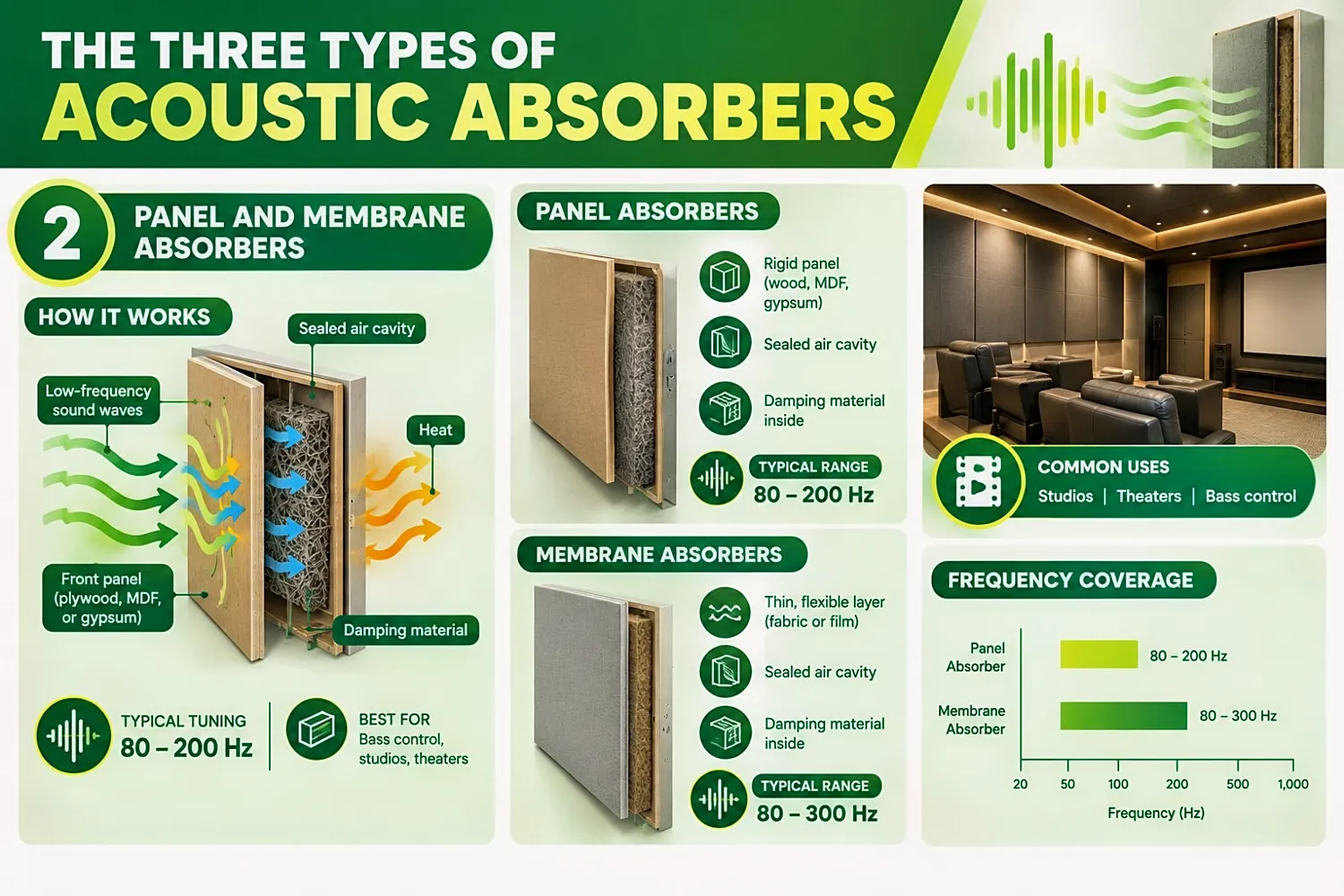 Panel absorbers control low-frequency sound using flexible panels and sealed air cavities