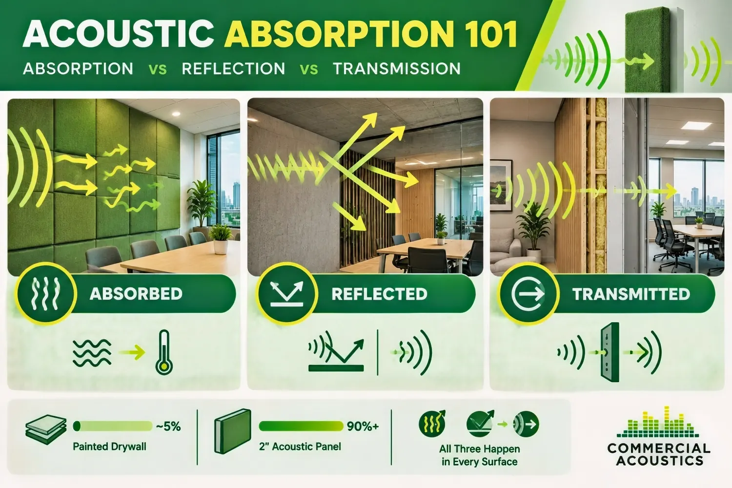 The trade-off between these three behaviors is what acoustic design actually controls