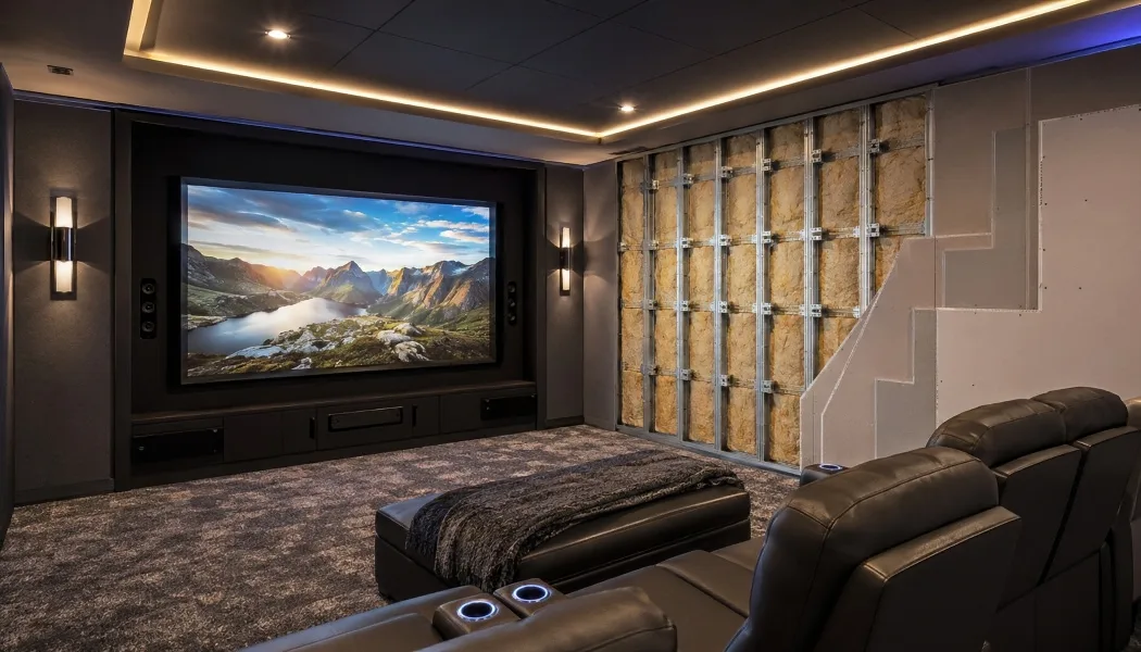Media Room Drywall Soundproofing STC 41 in a Custom Home