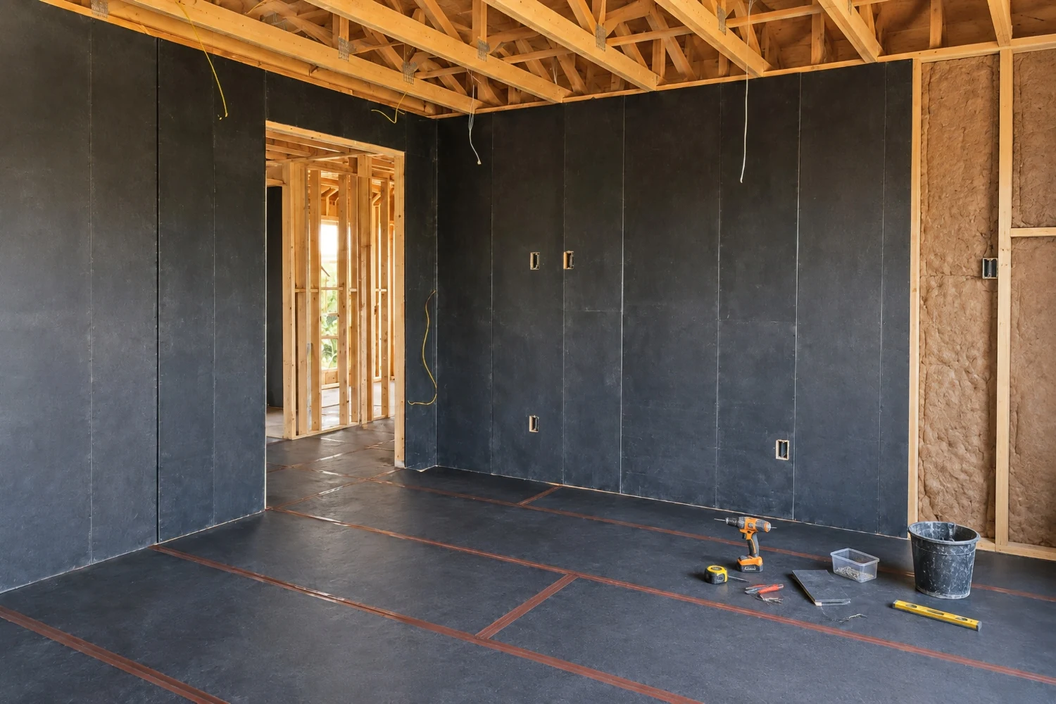 Custom Home Second Floor Wall Membrane Install on Wood Stud Framing.