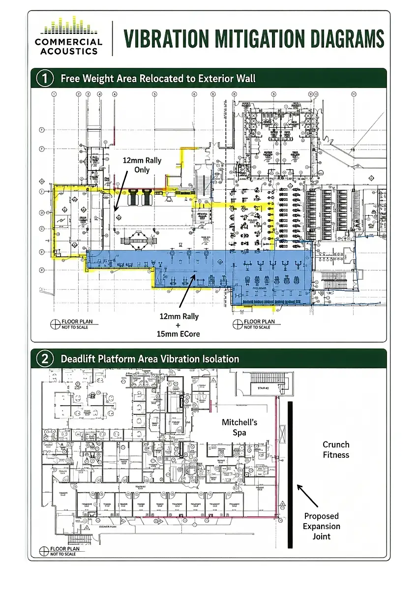 Free Weight Area Relocated to Exterior Wall and Deadlift Platform Area Vibration Isolation (Diagram 1 & 2)