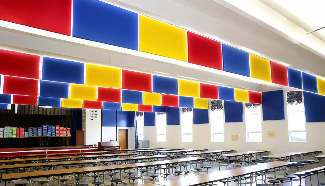 Cafeteria Soundproofing Hanging Acoustic Baffles for a School Dining Hall