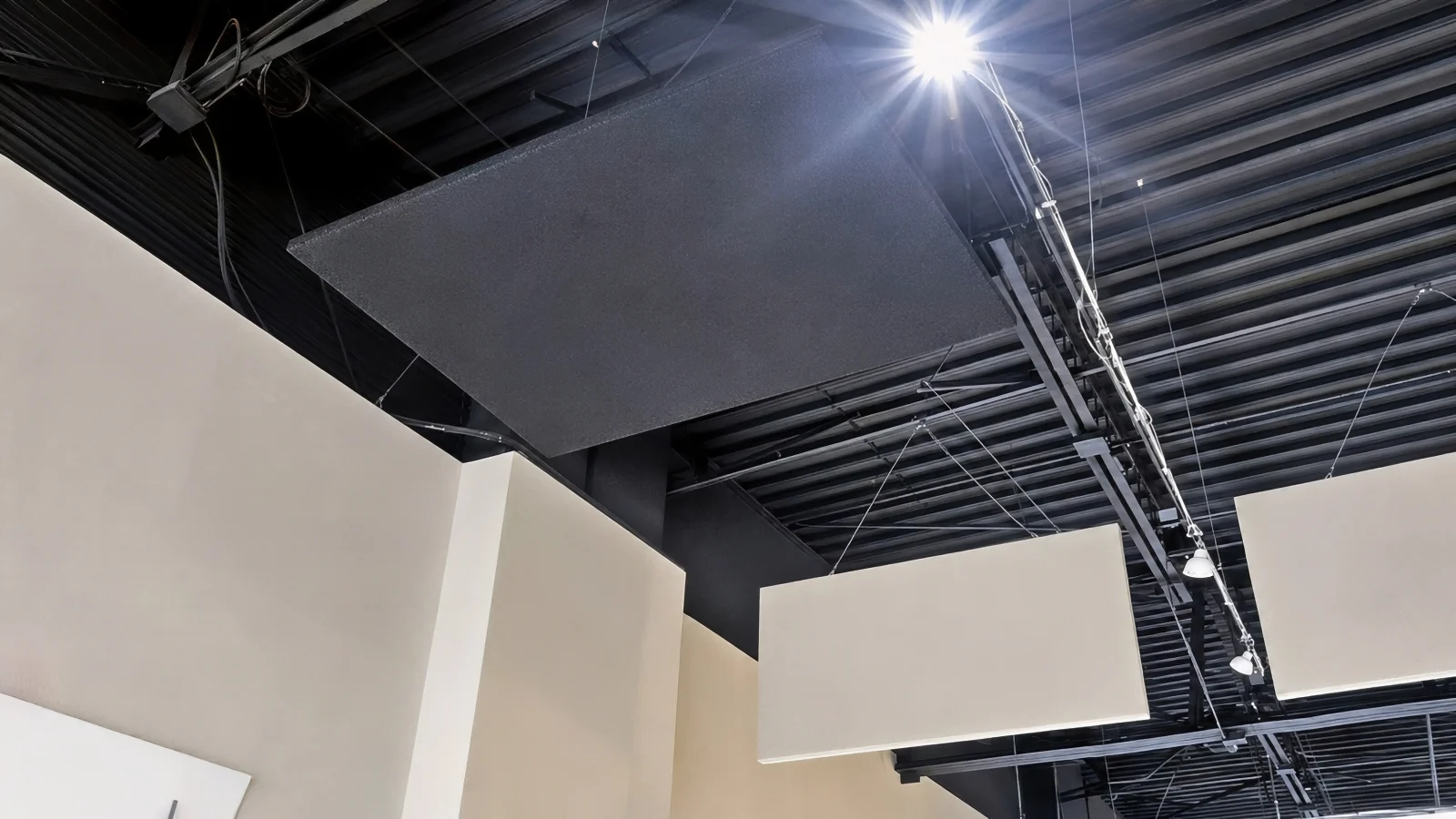 Tampa Office Sound Panel Install on Drywall and Exposed Metal Deck
