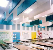 Marchman Technical College cafeteria PVC-wrapped acoustic baffles distributed across ceiling