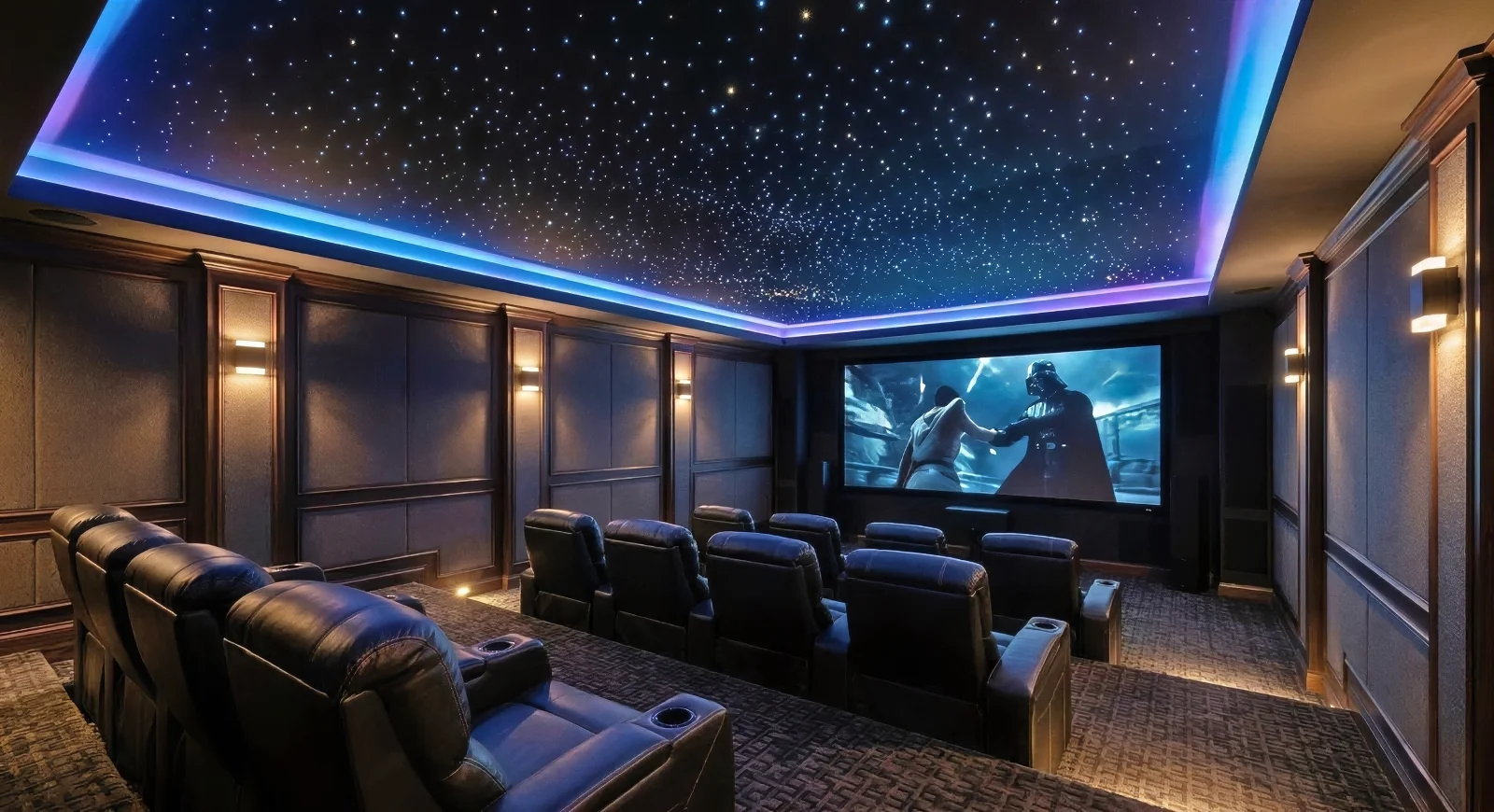 Starlight Fiber-Optic Ceiling Acoustical Fabric Wall Custom-Built Home Theater