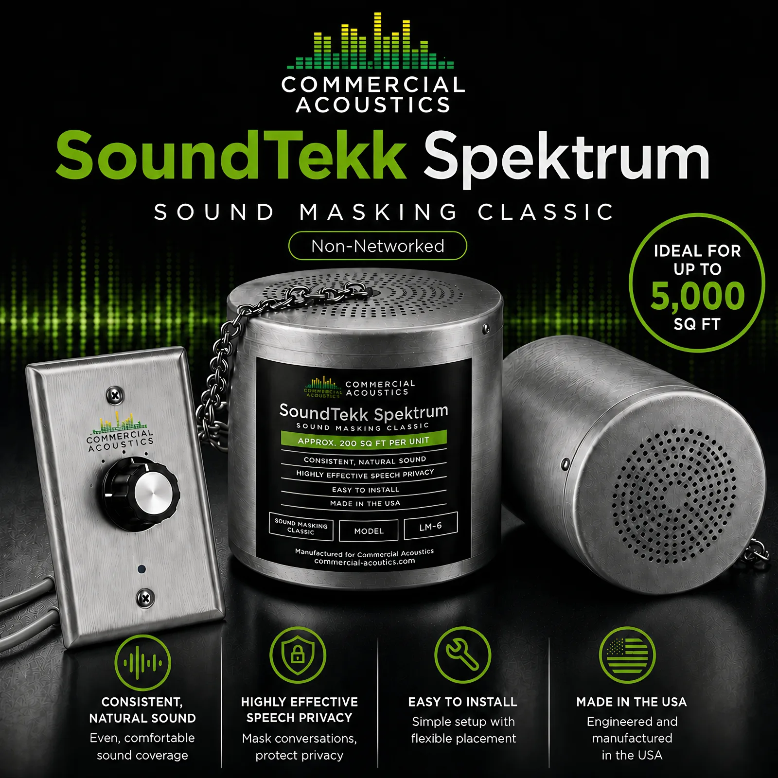 SoundTekk Spektrum Non-Networked Sound Masking System 01 Non-networked sound masking system with wall control, speaker unit, and commercial audio feature icons.