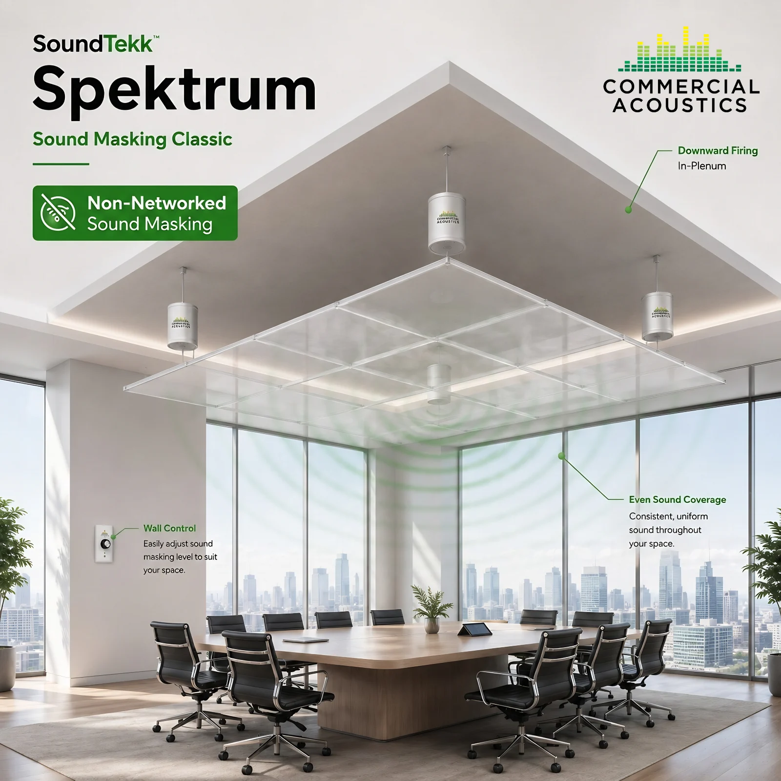 SoundTekk Spektrum Office Sound Masking System Installation 05 Modern conference room using a non-networked sound masking system for speech privacy.