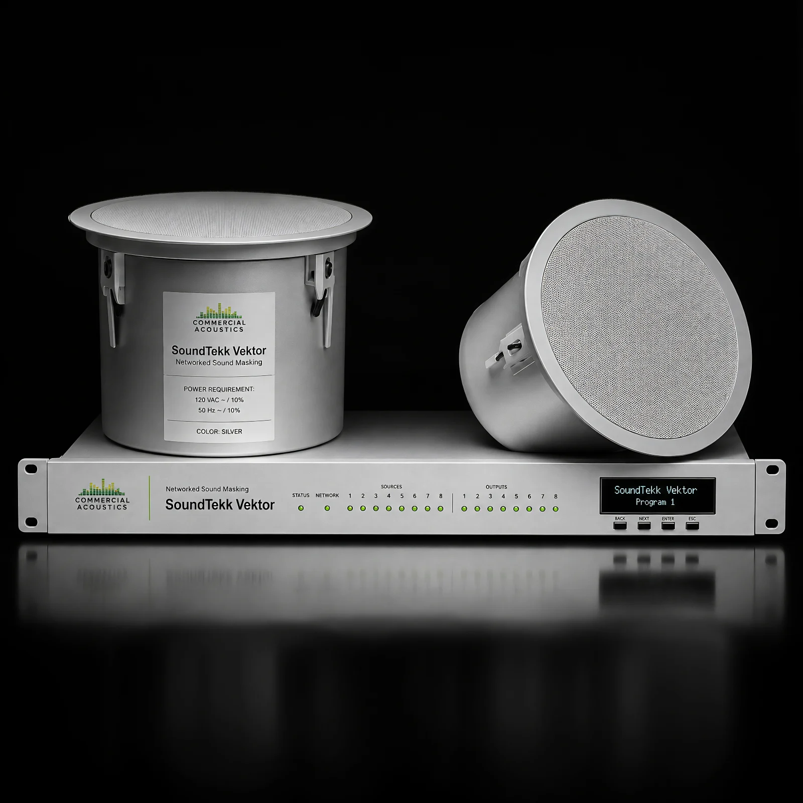 Silver SoundTekk Vektor headend with ceiling-mounted networked sound masking speakers on a dark product background.