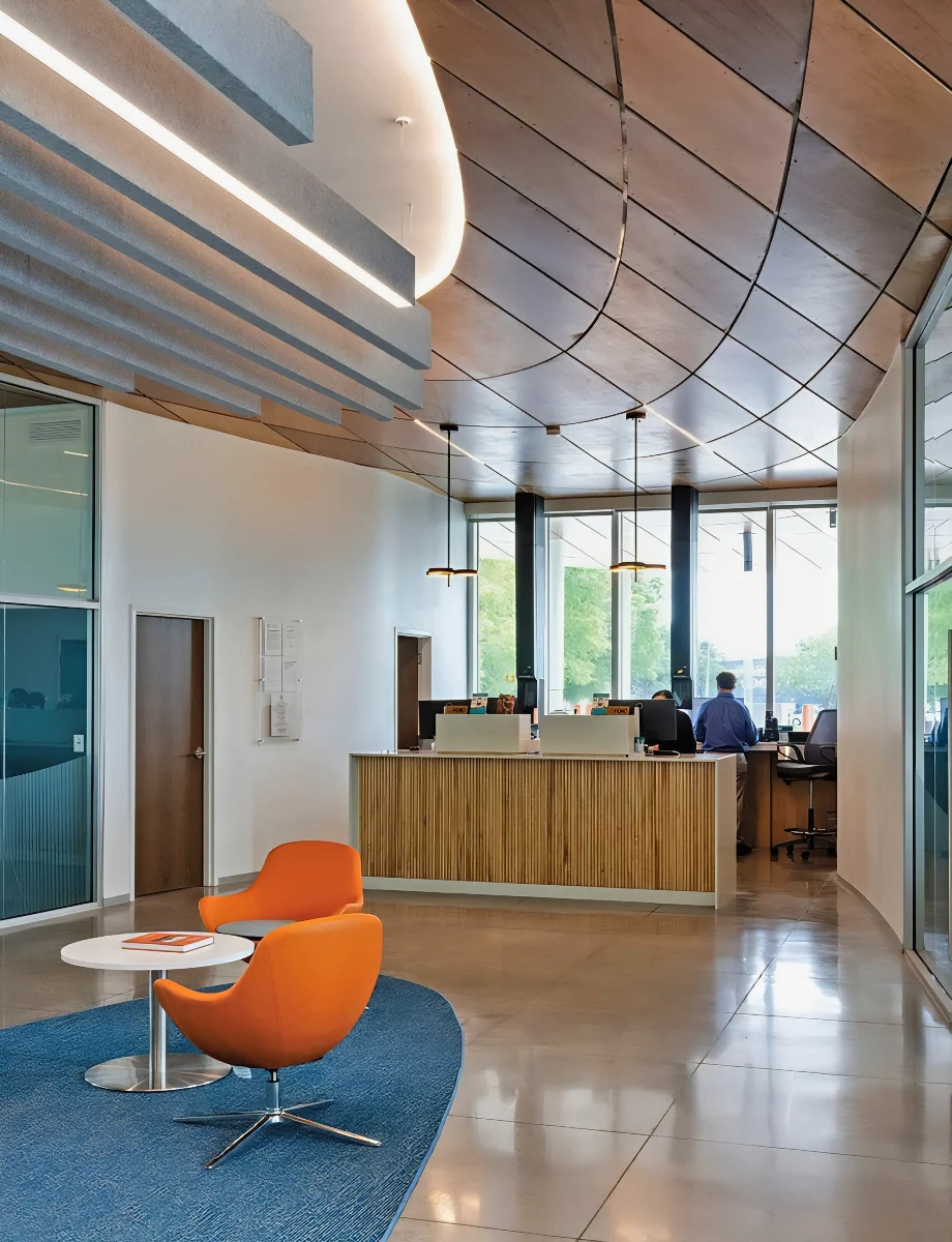 Gulf Coast Bank Fabric Wall System with Cabinetry Design