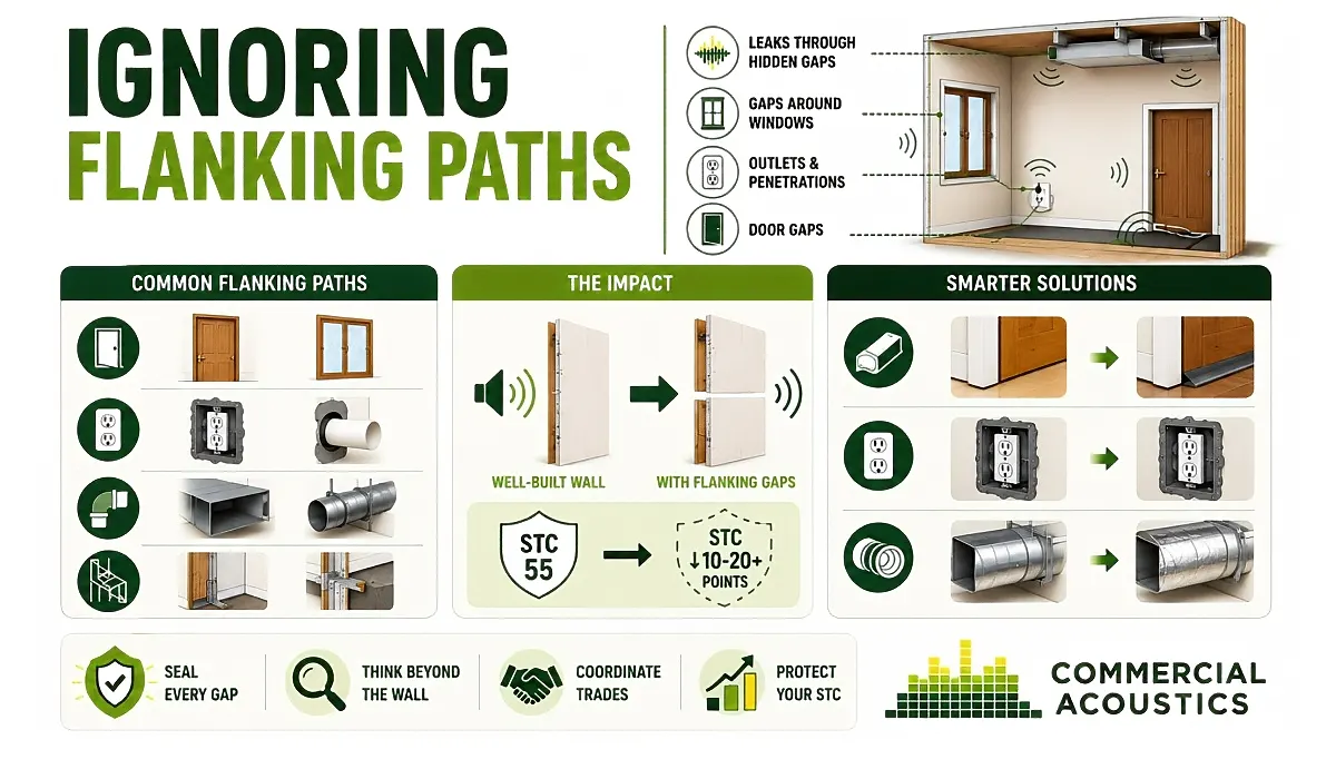 Seal flanking paths to maximize soundproofing performance