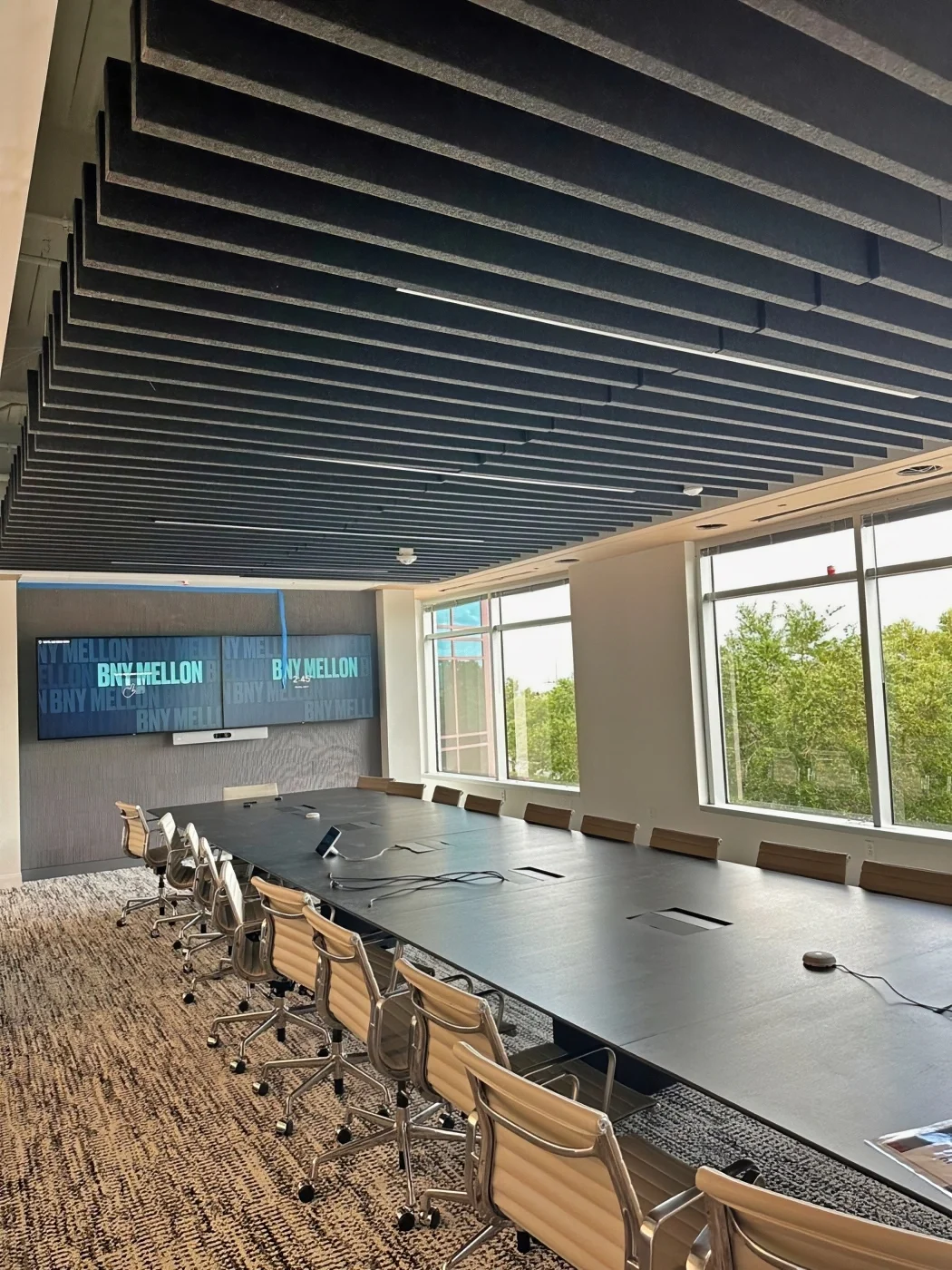 Filzfelt Ceiling Baffles in the Conference Room to Increase Speech Intelligibility
