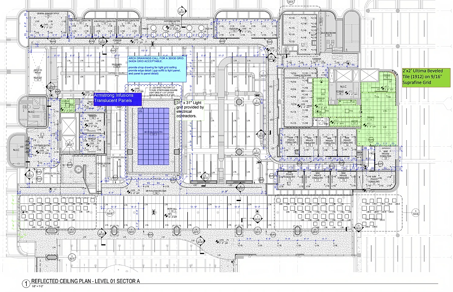 Reflected Ceiling Plan for the First Floor at Mercedes Benz in Coral Gables, FL.