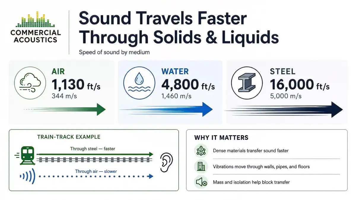 Sound speed through air, water, steel, and train tracks.