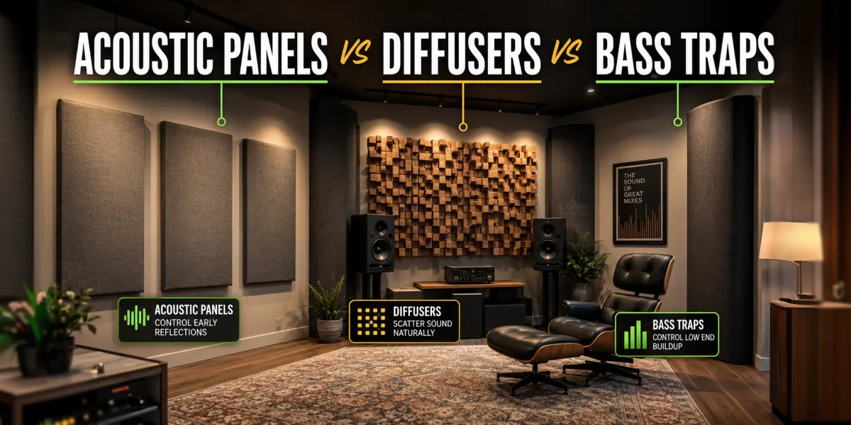 Acoustic panels vs diffusers vs bass traps - room treatment comparison