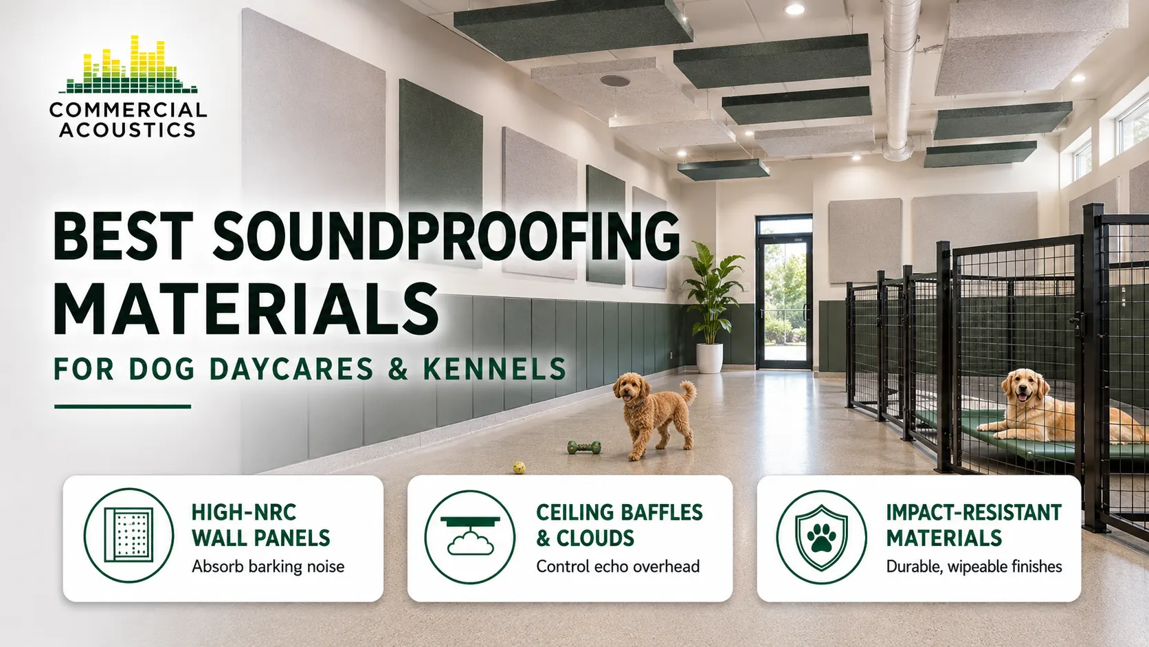 Best soundproofing materials for dog daycares and kennels including acoustic panels and ceiling baffles