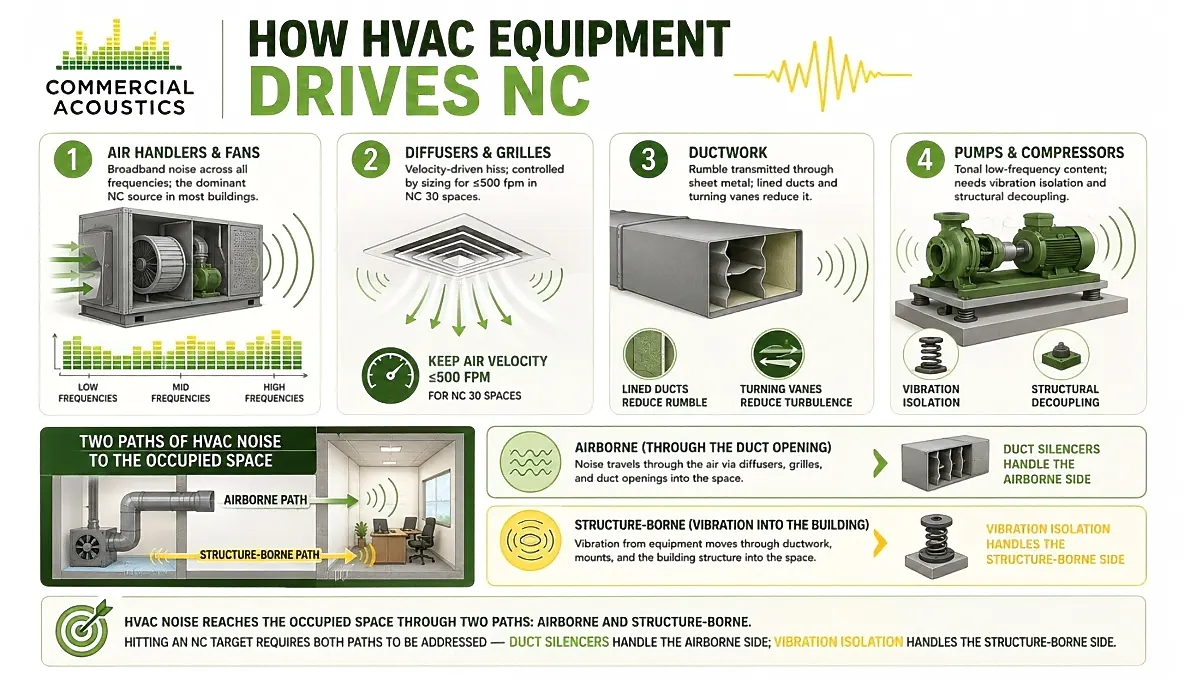 Control HVAC noise to achieve lower NC ratings
