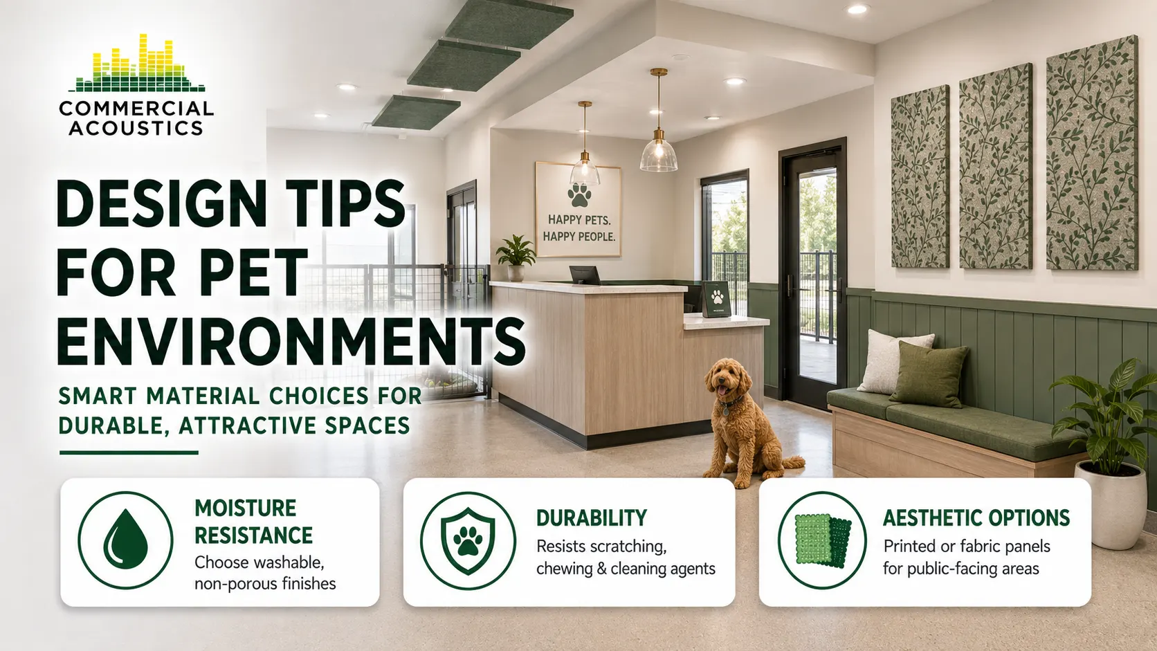 Design tips for pet environments showing washable acoustic panels and impact-resistant finishes