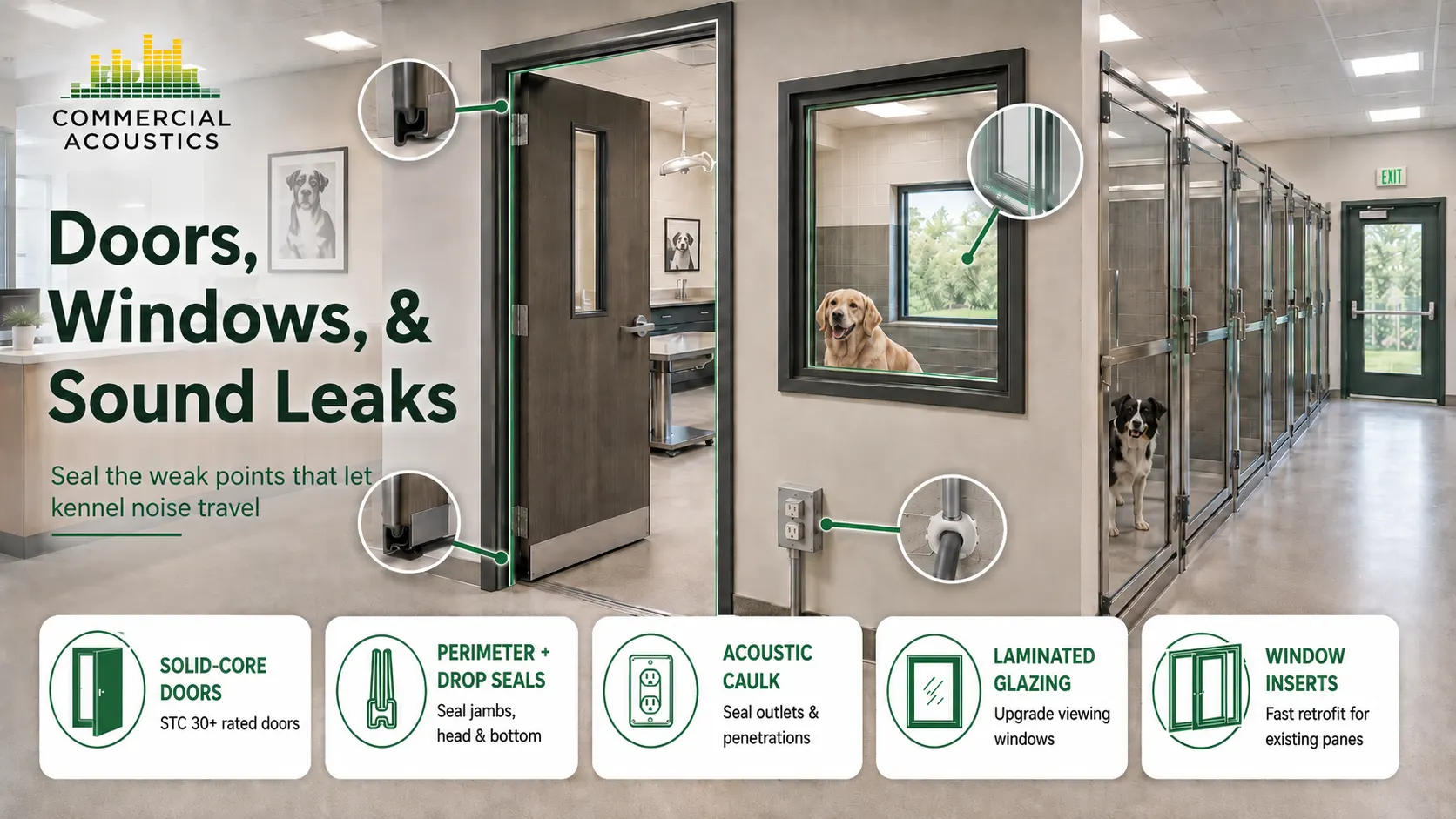 Doors, windows, and sound leak controls for pet facilities with solid-core doors and acoustic seals