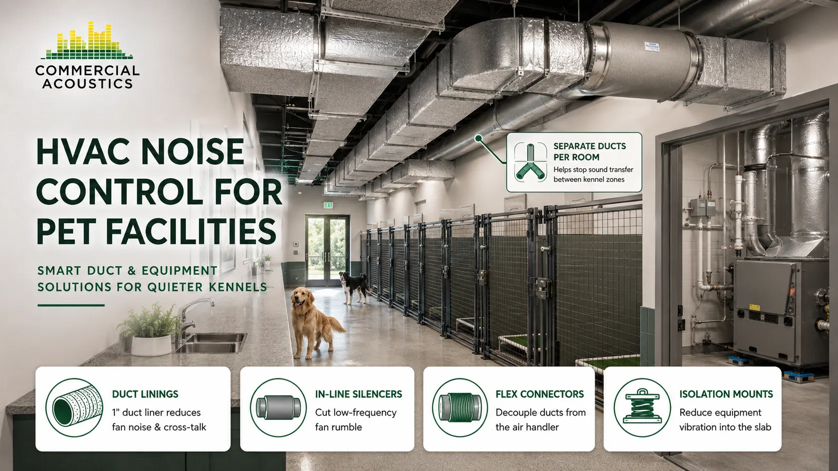Efficient HVAC solutions for pet facilities including duct liners, in-line silencers, and vibration isolation