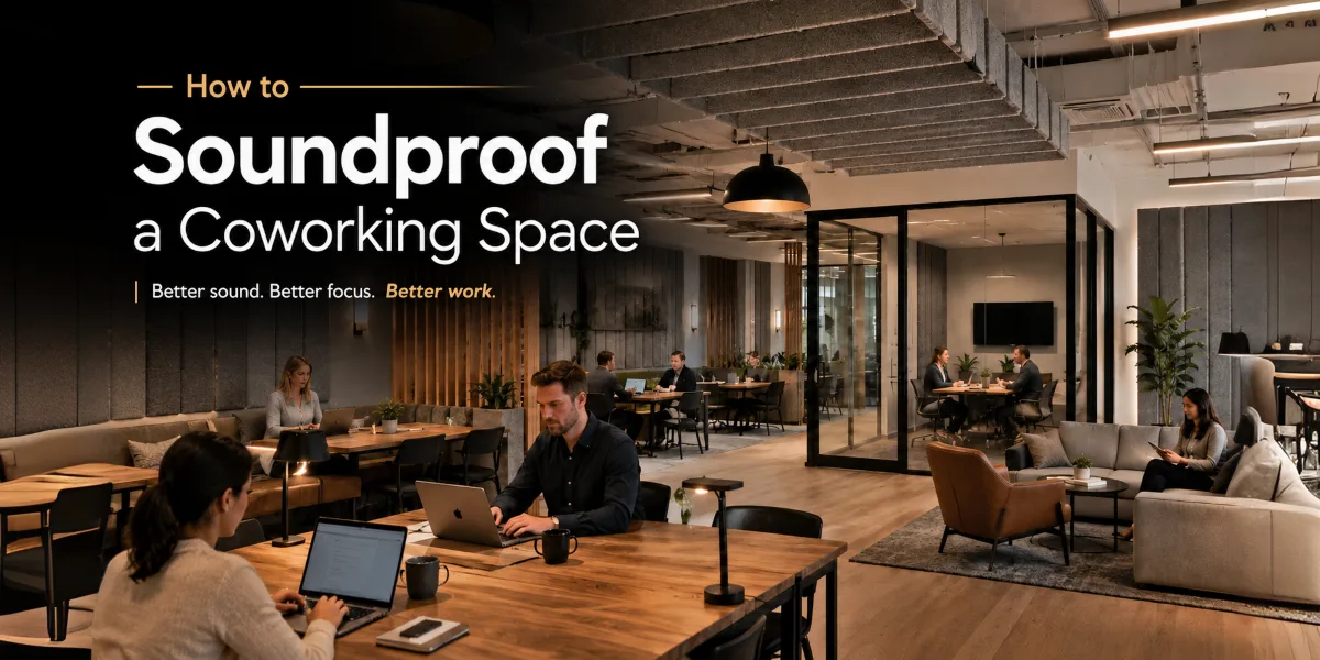 How to soundproof a coworking space — acoustic treatment guide covering open offices, phone booths, ceiling clouds, and sound masking