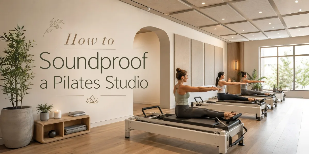 Soundproofed pilates studio with reformers and acoustic wall panels.