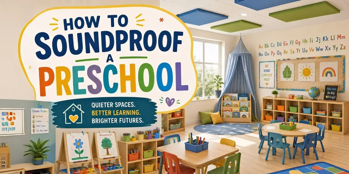 Soundproofed preschool classroom with acoustic ceiling and wall panels.