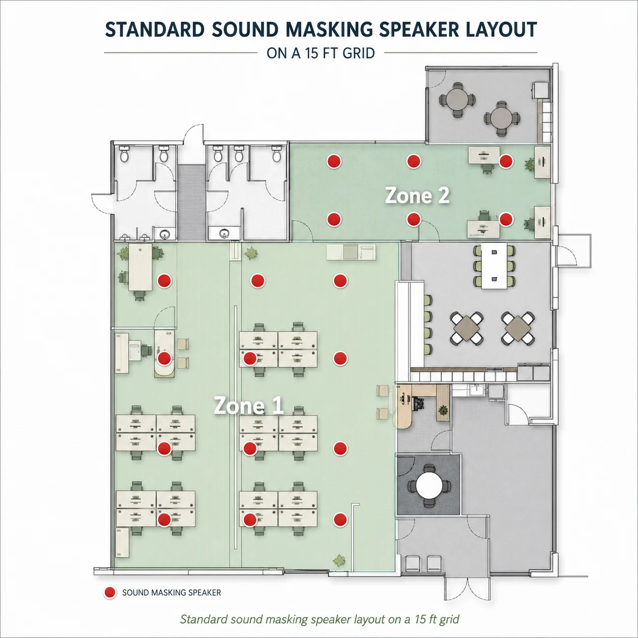 Standard sound masking speaker layout on a 15 ft on-center grid above a drop ceiling
