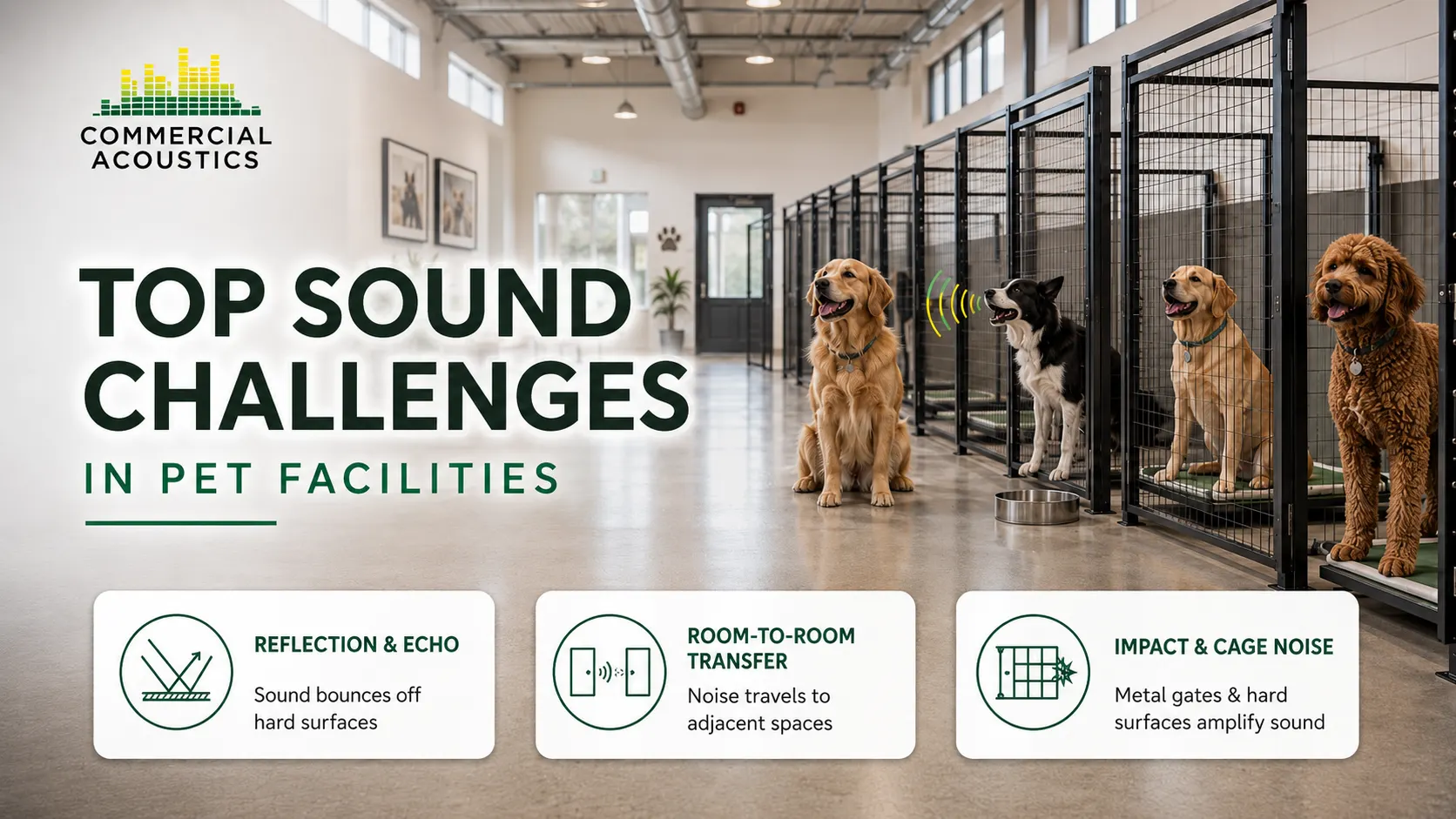 Top sound challenges in a dog kennel facility including barking, hard surfaces, and HVAC noise