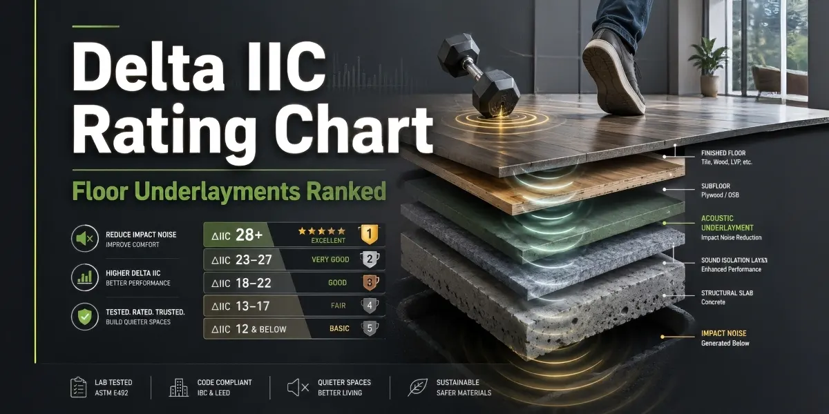 Delta IIC Rating Chart — floor underlayments ranked by ΔIIC: 28+ excellent, 23–27 very good, 18–22 good, 13–17 fair, 12 and below basic