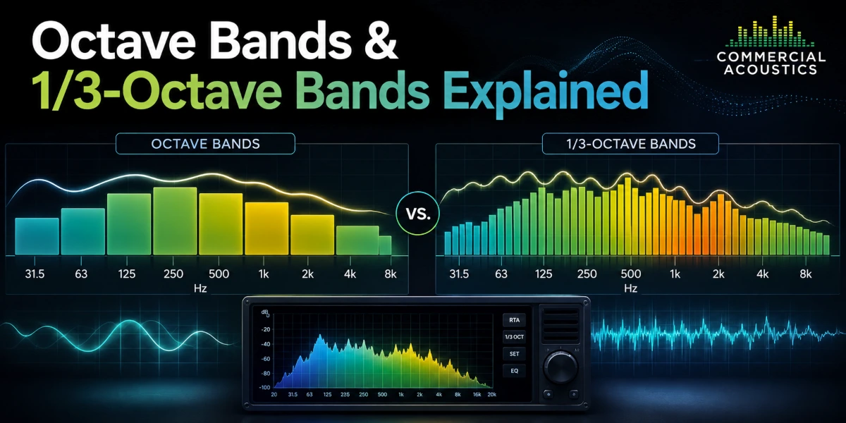 Frequency spectrum chart explaining octave bands and one-third octave bands used in acoustic measurement and noise analysis