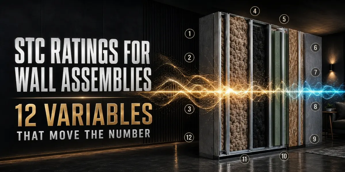 STC Ratings for Wall Assemblies — 12 numbered variables that move the STC number, shown across a layered wall cross-section