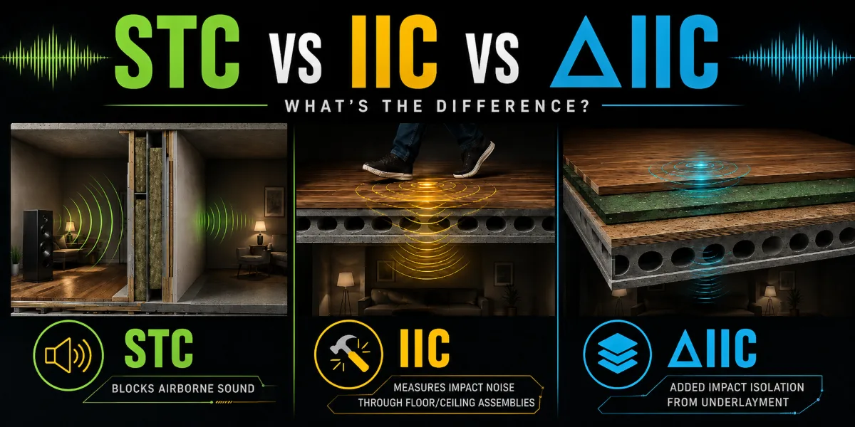 STC vs IIC vs Delta IIC — airborne sound through walls (STC), impact noise through floor-ceiling assemblies (IIC), and added impact isolation from underlayments (Delta IIC)