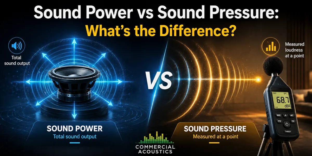 Diagram comparing sound power and sound pressure, showing a fixed sound power in watts versus sound pressure in decibels measured at a listening distance