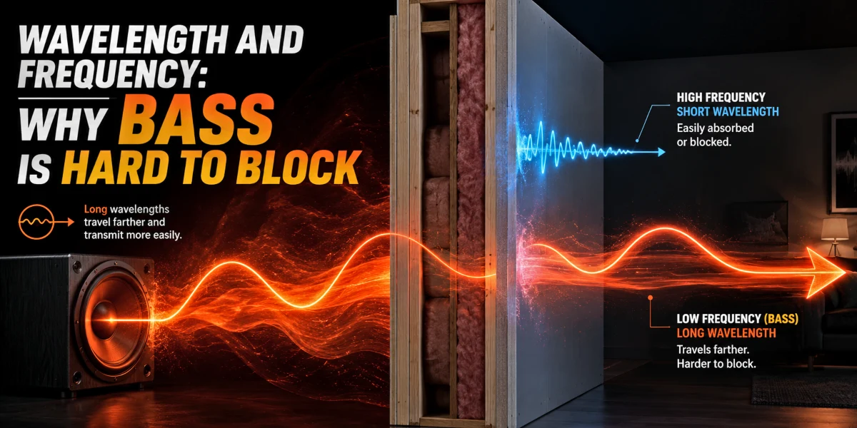 Illustration of long low-frequency bass sound waves passing through a wall, showing why bass is harder to block than high-frequency sound