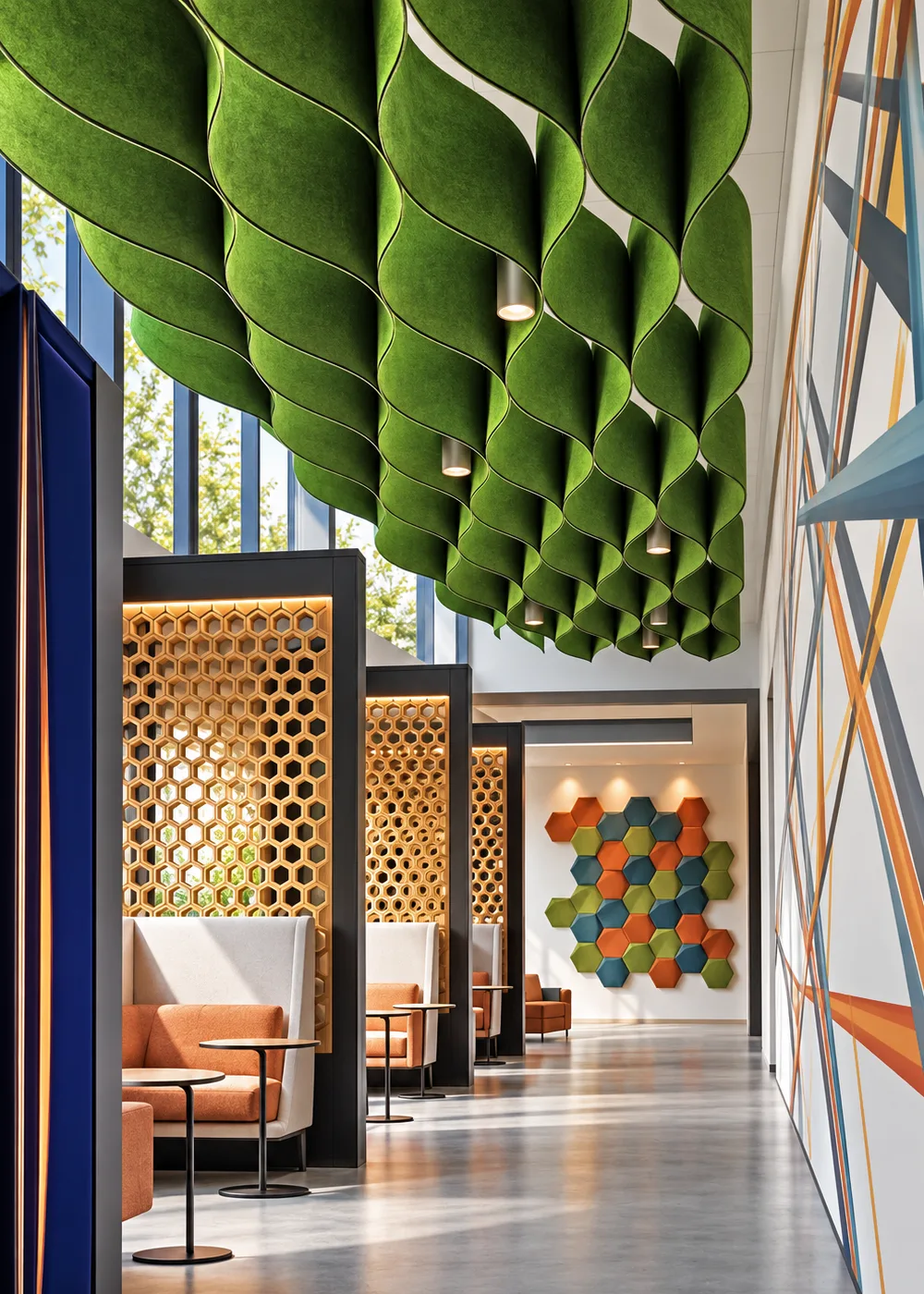 Green PET Wave Baffles and Hex Wall Panels at MicroLumen