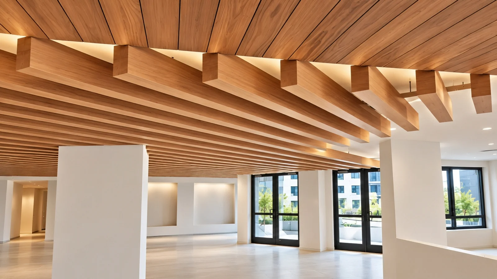 Perforated Metal Baffles with Wood-Grain Finish at Marina Club