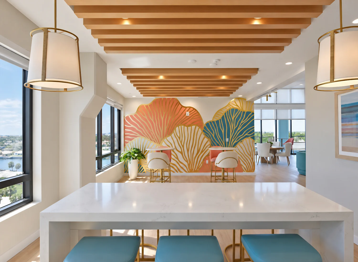 Wood-Finish Acoustic Baffles in the Marina Club Amenity Lounge