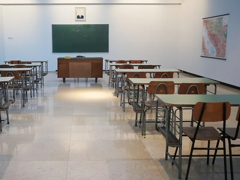 Classroom Desks and Chalkboard