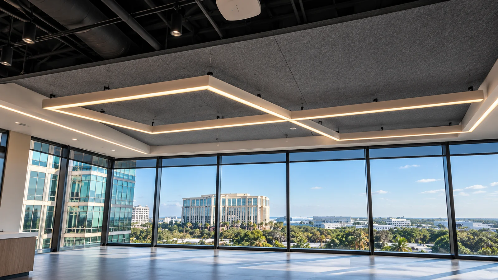 Suspended Acoustic Cloud Field Over a Glazed Open-Plan Office Floor